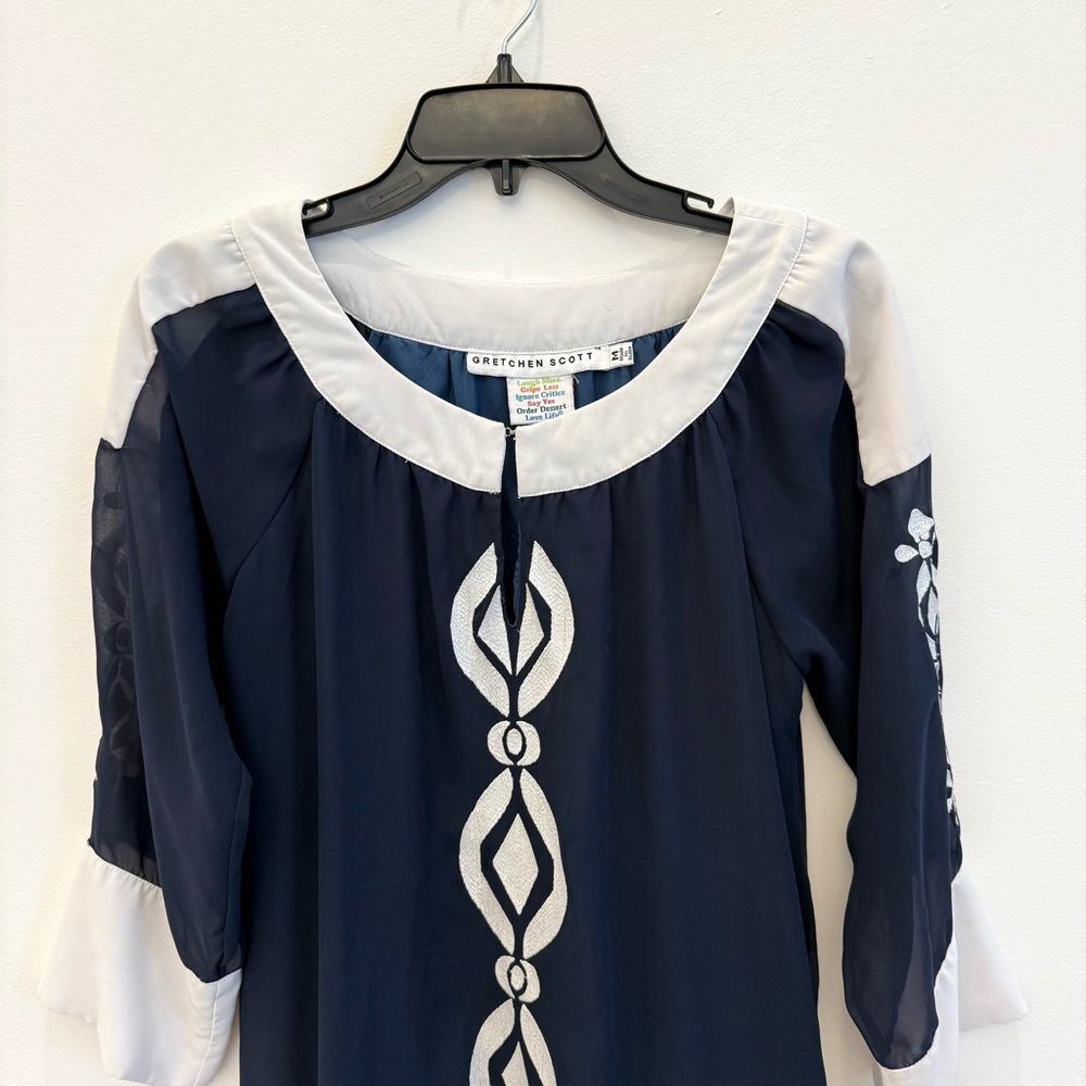 Gretchen Scott Navy & White Embroidered Loose fitting Dress Medium - Picture 2 of 12